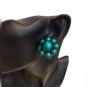 VINTAGE MADE IN JAPAN SATIN TEAL BLUE BEADED CLUSTER CLIP ON EARRINGS